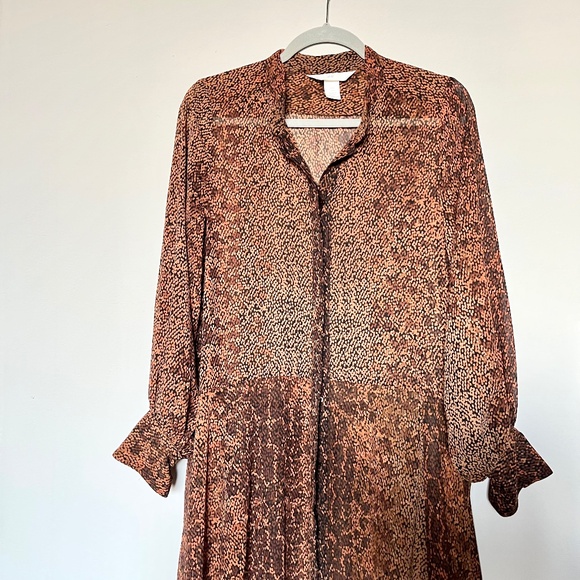 H&M Cuffed Sleeve Button-front Printed Brown Chiffon Midi Dress Sheer Size 6 - Picture 6 of 14